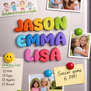 May include: A fridge door features magnetic letters spelling "JASON EMMA LISA", with family photos, a shopping list, and a note about a soccer game. Decorative magnets include a yellow star, a smiley face, and coloured spheres.