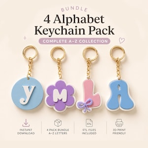 May include: A set of four alphabet keychains, each with a gold-coloured chain and ring. The keychains display the letters "Y", "M", "L", and "A" in different colours and designs. The image includes the text "4 Alphabet Keychain Pack" and "Complete A-Z Collection".