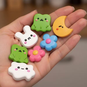 Puede incluir: Una colección de adornos coloridos de estilo caricatura. El conjunto incluye una rana verde, un conejito blanco, una luna creciente amarilla, dos flores rosas, una flor azul y una nube blanca. Cada pieza tiene una cara linda y sonriente.