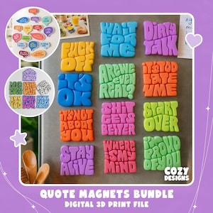 Puede incluir: Una colección de imanes cuadrados tridimensionales de colores con varias frases en una fuente redondeada y tipo burbuja. Los imanes se muestran sobre una superficie metálica, exhibiendo textos como Wait For Me, Dirty Talk, Fuck Off, It's Ok, Are We Even Real, It's Too Late, It's Not About You, Shit Gets Better, Start Over, Stay Alive, Where Is My Mind e I'm Proud Of You.