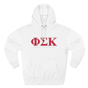 May include: White hooded sweatshirt with a red Greek letter fraternity logo, "ΦΣΚ", printed on the front.