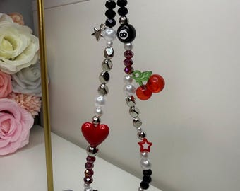 Cherry and Heart Beaded Phone Charm - Handmade Wrist Strap for Mobile Phone, Gift Ideas