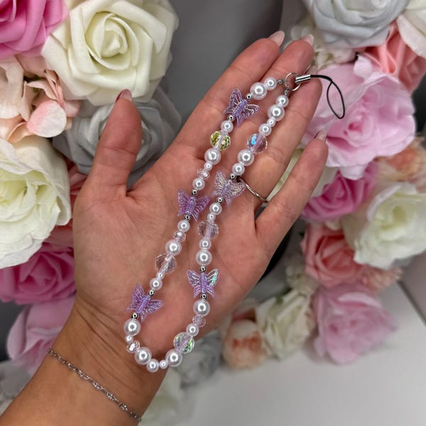Purple Butterfly Phone Charm - Personalised Handamde Beaded Wrist Strap for Mobile Phone, AB Crystal, Pearls, Gift Ideas
