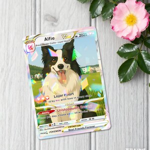 May include: A holographic trading card featuring a black and white Border Collie named Alfie. The card has a VSTAR symbol and the text "Loyal Heart." The background shows a sunny landscape. The card also has the text "Best Friends Forever."