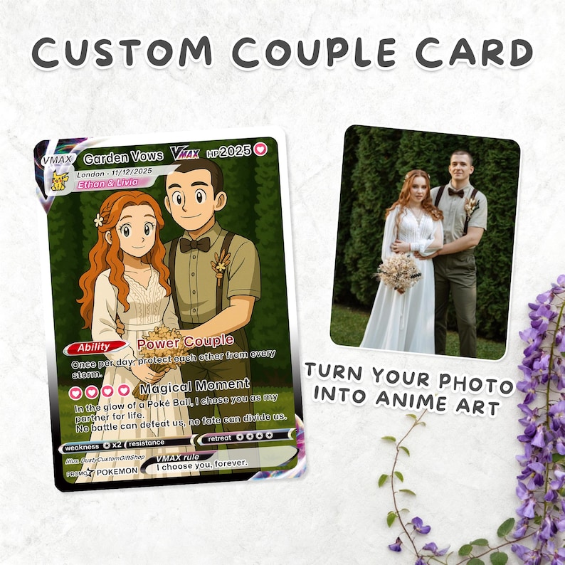 May include: A custom couple card with a cartoon illustration and a photograph of a couple in wedding attire. The card includes the text "Garden Vows" and "Turn Your Photo Into Anime Art". The card is decorated with purple flowers.