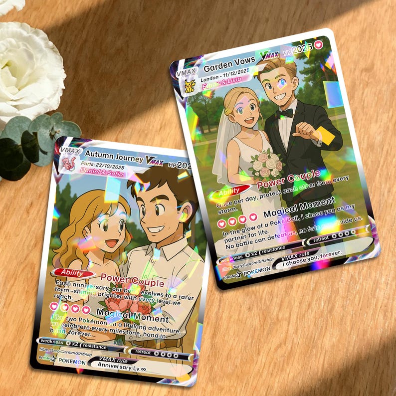 May include: Two VMAX trading cards with wedding illustrations. One card is titled "Garden Vows" and the other "Autumn Journey." Both cards feature couples and text like "Power Couple" and "Magical Moment." The cards have a holographic finish.