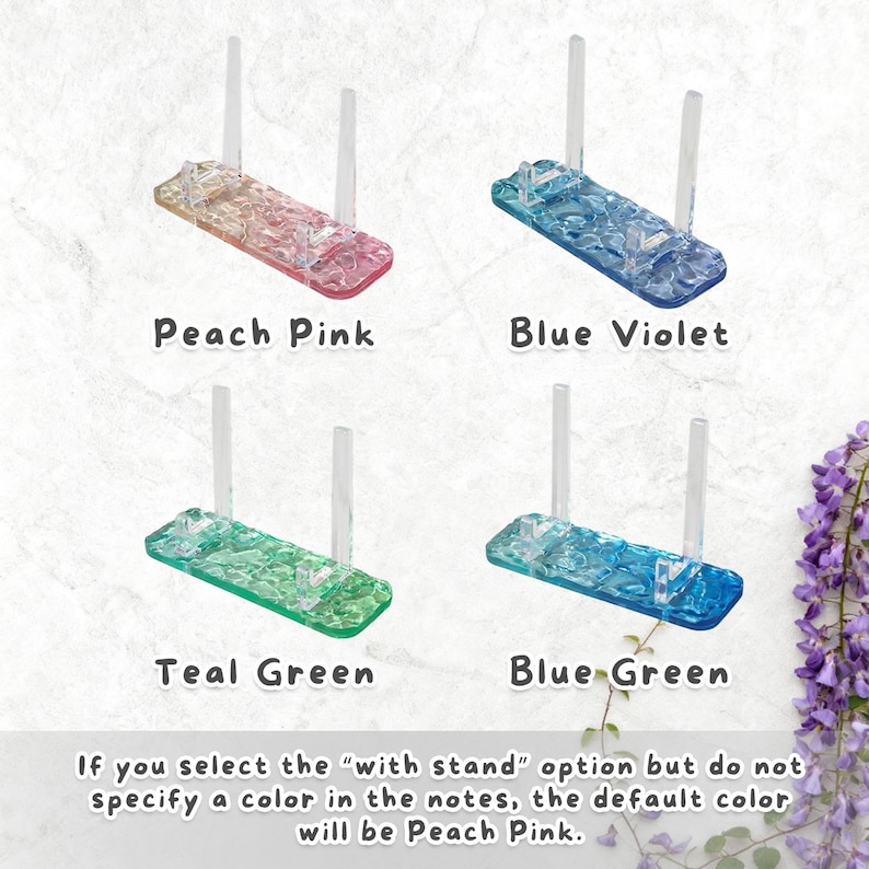 May include: Four acrylic display stands in peach pink, blue violet, teal green, and blue green. Each stand has a rectangular base and two vertical supports. Text on the image reads "Peach Pink", "Blue Violet", "Teal Green", and "Blue Green".