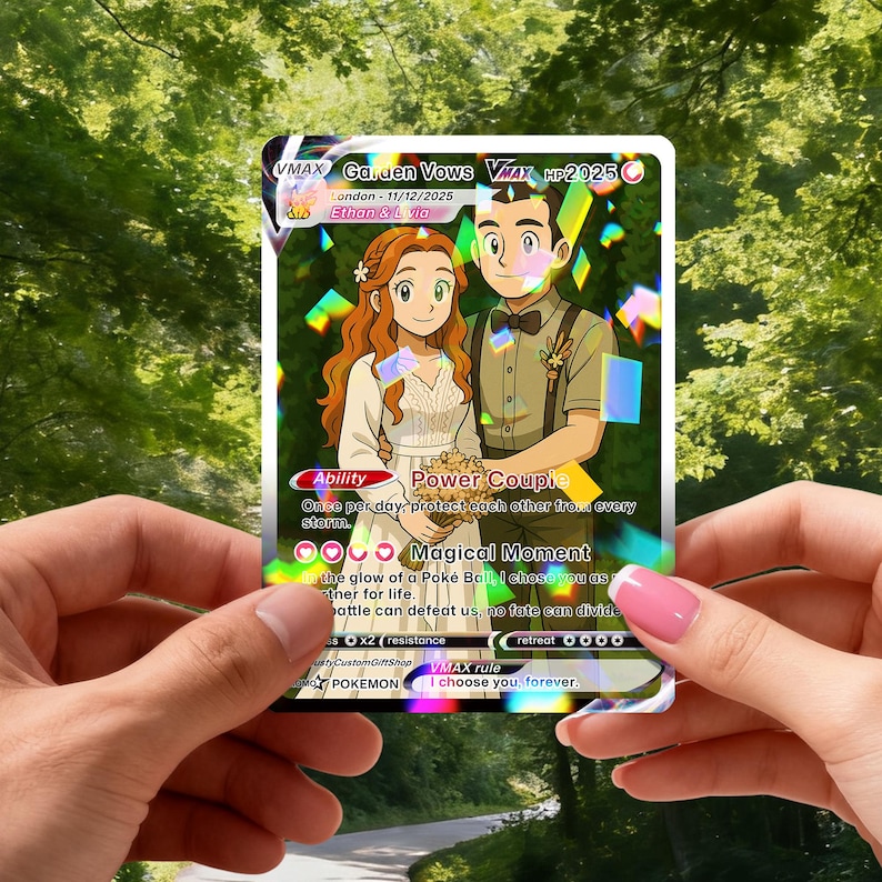 May include: A VMAX Pokemon card featuring a couple in wedding attire. The card has the text "Garden Vows" and "Power Couple". The card is held in front of a green background.