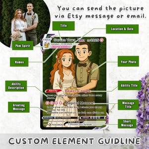 May include: A custom wedding card design featuring a couple and a Pok&eacute;mon-style card. The card includes text such as "Garden Vows," "London - 11/12/2025," and a romantic message. The design is a unique keepsake.