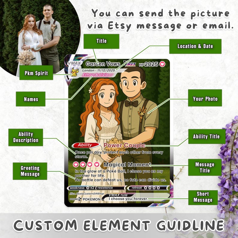 May include: A custom wedding card design featuring a couple and a Pok&eacute;mon-style card. The card includes text such as "Garden Vows," "London - 11/12/2025," and a romantic message. The design is a unique keepsake.