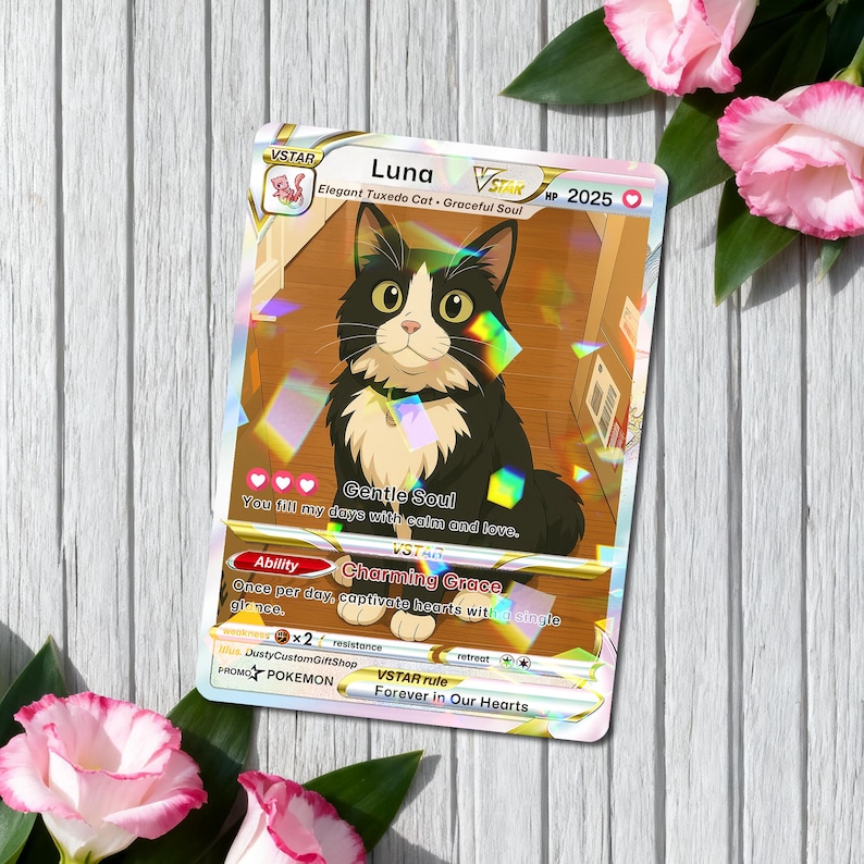 May include: A Luna VSTAR Pokemon card featuring an illustration of a black and white tuxedo cat. The card has a holographic effect and includes text such as "Gentle Soul" and "Charming Grace". Pink flowers and green leaves are in the background.