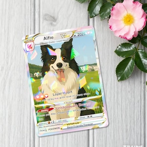 K&ouml;nnte beinhalten: Holografische Sammelkarte mit einem schwarz-wei&szlig;en Border Collie namens Alfie. Die Karte zeigt "Loyal Heart" und "Best Friends Forever". Der Hintergrund zeigt eine sonnige Landschaft. Die Karte hat ein VSTAR-Symbol und die Zahl 2025.