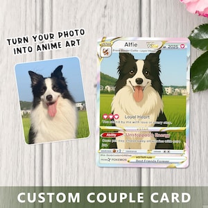 K&ouml;nnte beinhalten: Individuelle Paar-Karte mit einem Border Collie namens Alfie. Die Karte hat ein Foto des Hundes und eine Illustration im Anime-Stil. Der Text enth&auml;lt "Turn Your Photo Into Anime Art" und "Best Friends Forever."