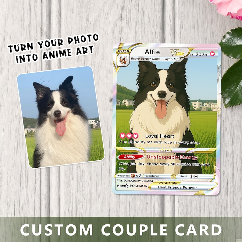 K&ouml;nnte beinhalten: Individuelle Paar-Karte mit einem Border Collie namens Alfie. Die Karte hat ein Foto des Hundes und eine Illustration im Anime-Stil. Der Text enth&auml;lt "Turn Your Photo Into Anime Art" und "Best Friends Forever."