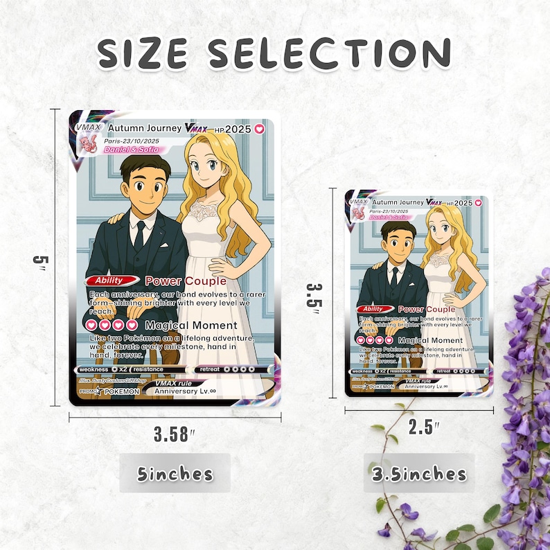 May include: Two trading cards with a couple illustration, labelled "Autumn Journey." The larger card is 12.7 cm tall and 9.1 cm wide, the smaller is 8.9 cm tall and 6.4 cm wide. Text includes "Power Couple" and "Magical Moment."