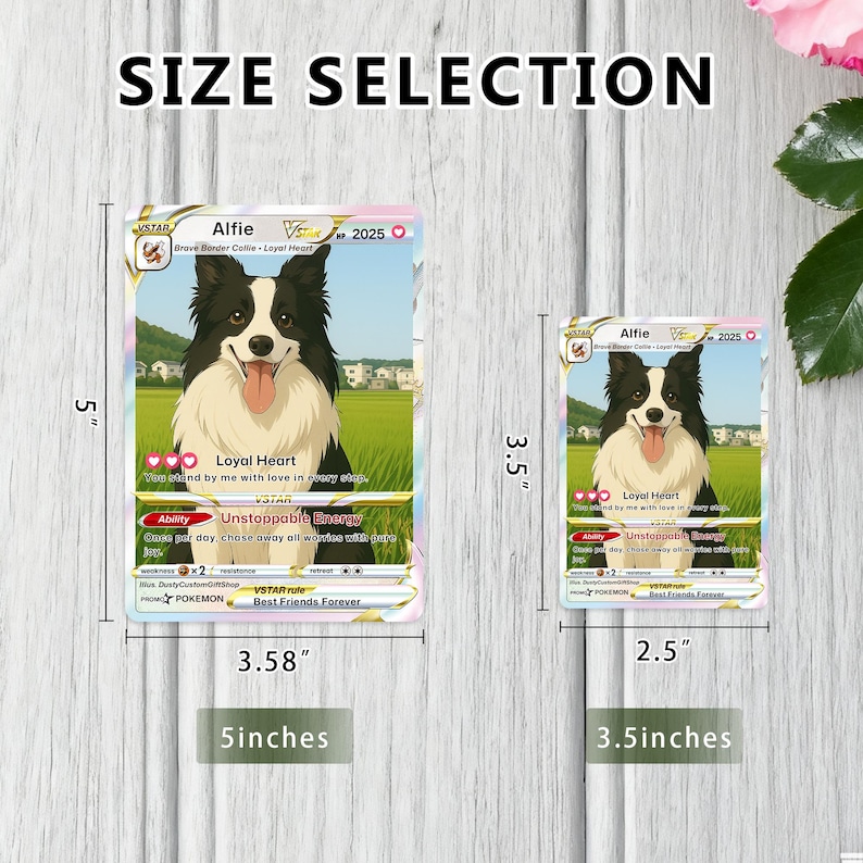 K&ouml;nnte beinhalten: Zwei Sammelkarten mit einem schwarz-wei&szlig;en Hund namens Alfie. Die gr&ouml;&szlig;ere Karte ist 12,7 cm hoch und 9,1 cm breit, w&auml;hrend die kleinere Karte 8,9 cm hoch und 6,4 cm breit ist. Die Karten tragen den Text "Loyal Heart" und "Unstoppable Energy".