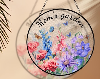 Benutzerdefinierte Mamas Gartenglas Suncatcher, personalisiertes Mamas Gartengeschenk, Familiengeburtsblumen, Muttertagsgeschenk für Mama, Glaskunstgeschenk