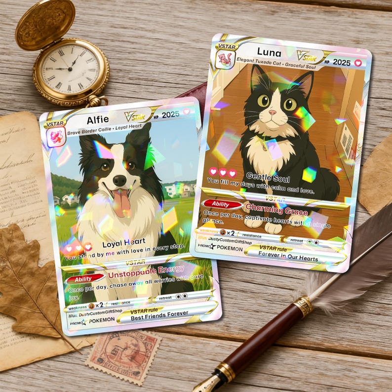 K&ouml;nnte beinhalten: Zwei Sammelkarten mit Illustrationen eines Hundes und einer Katze. Die Hundekarte, "Alfie", zeigt einen schwarz-wei&szlig;en Border Collie. Die Katzenkarte, "Luna", zeigt eine schwarz-wei&szlig;e Tuxedo-Katze. Beide Karten haben holografische Akzente.