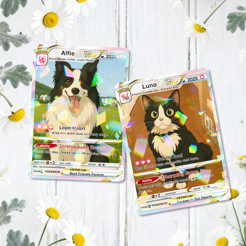 K&ouml;nnte beinhalten: Zwei Sammelkarten mit Tierillustrationen. Eine Karte zeigt einen Border Collie namens Alfie, die andere eine Tuxedo-Katze namens Luna. Beide Karten haben ein VSTAR-Logo und Text, vor einem floralen Hintergrund.