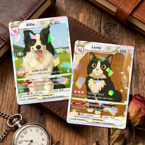 K&ouml;nnte beinhalten: Zwei Sammelkarten mit einem Border Collie namens Alfie und einer Tuxedo-Katze namens Luna. Die Alfie-Karte tr&auml;gt den Text "Loyal Heart" und "Unstoppable Energy". Die Luna-Karte tr&auml;gt den Text "Gentle Soul" und "Charming Grace".