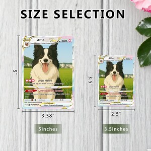 May include: Two trading cards featuring a black and white dog named Alfie. The larger card is 5 inches tall and 3.58 inches wide, while the smaller card is 3.5 inches tall and 2.5 inches wide. Text includes "SIZE SELECTION" and "Best Friends Forever."