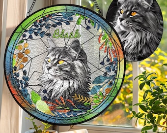 Kundenspezifisches Haustierporträt-Buntglas-Suncatcher, Benutzerdefinierte Katzenporträt vom Foto, Glasmalerei-Katzenmal, Glasmalerei-Katze, Haustierverlustgeschenk