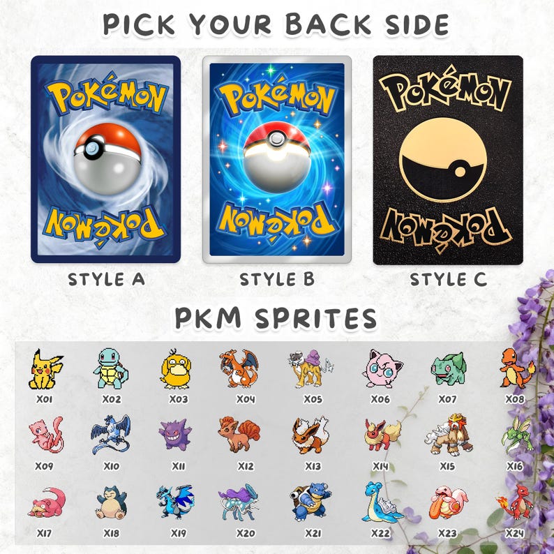 May include: Image showing three Pok&eacute;mon card back designs: Style A, B, and C. Beneath, a grid of Pok&eacute;mon sprites, each with a unique number, including Pikachu, Squirtle, and Charmander. The text "PKM SPRITES" is also present.