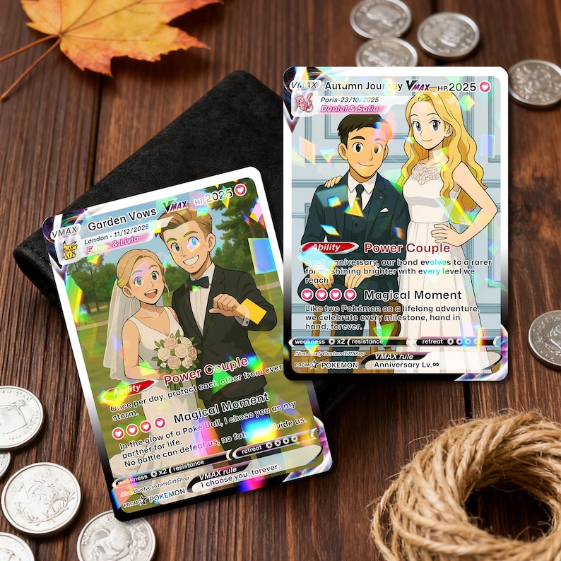 May include: Two Pokemon trading cards with wedding themes. One card says "Garden Vows" and the other "Autumn Journey." Both cards show a couple in wedding outfits, with text including "Power Couple" and "Magical Moment."