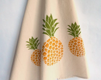 Pineapple Kitchen Towel, Handprinted, Natural Cotton