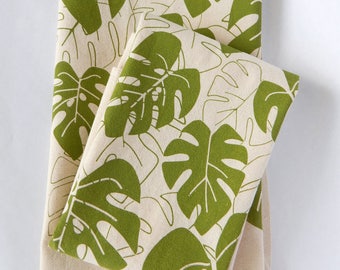 Toalla de cocina con estampado Monstera, impresa a mano, verde musgo, algodón natural