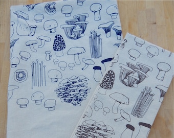 Hand Printed Mushroom Kitchen Towel, Natural Cotton Flour Sack, Corner Loop for Hanging