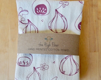 Handprinted Fig Kitchen Towel: Natural Cotton, Earthy Magenta