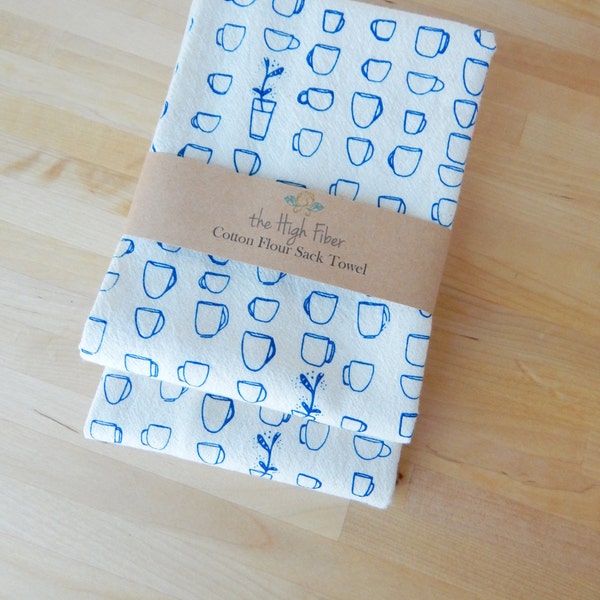 Teacups Kitchen Towel, Hand Printed, Natural Cotton, Blue