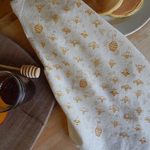 Bee Kitchen Towel, Hand Printed, Natural Cotton, Choose Your Color, Honey Bees