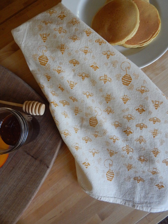 Bee Kitchen Towel, Handprinted Kitchen Towels, Handmade, Natural Cotton,  Choose Your Color, Honey Bees 