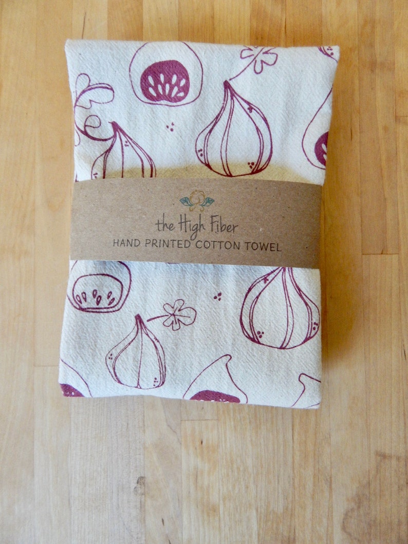 Fig Towel, Kitchen Towel or Hand Towel, Handprinted, Natural Cotton image 1