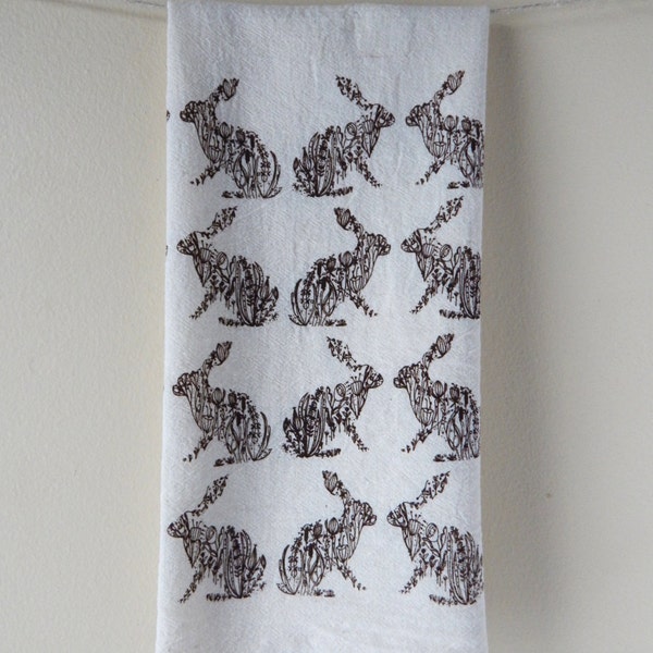 Rabbit Kitchen Towel, Hand Printed, Rabbit Hand Towel, Cotton