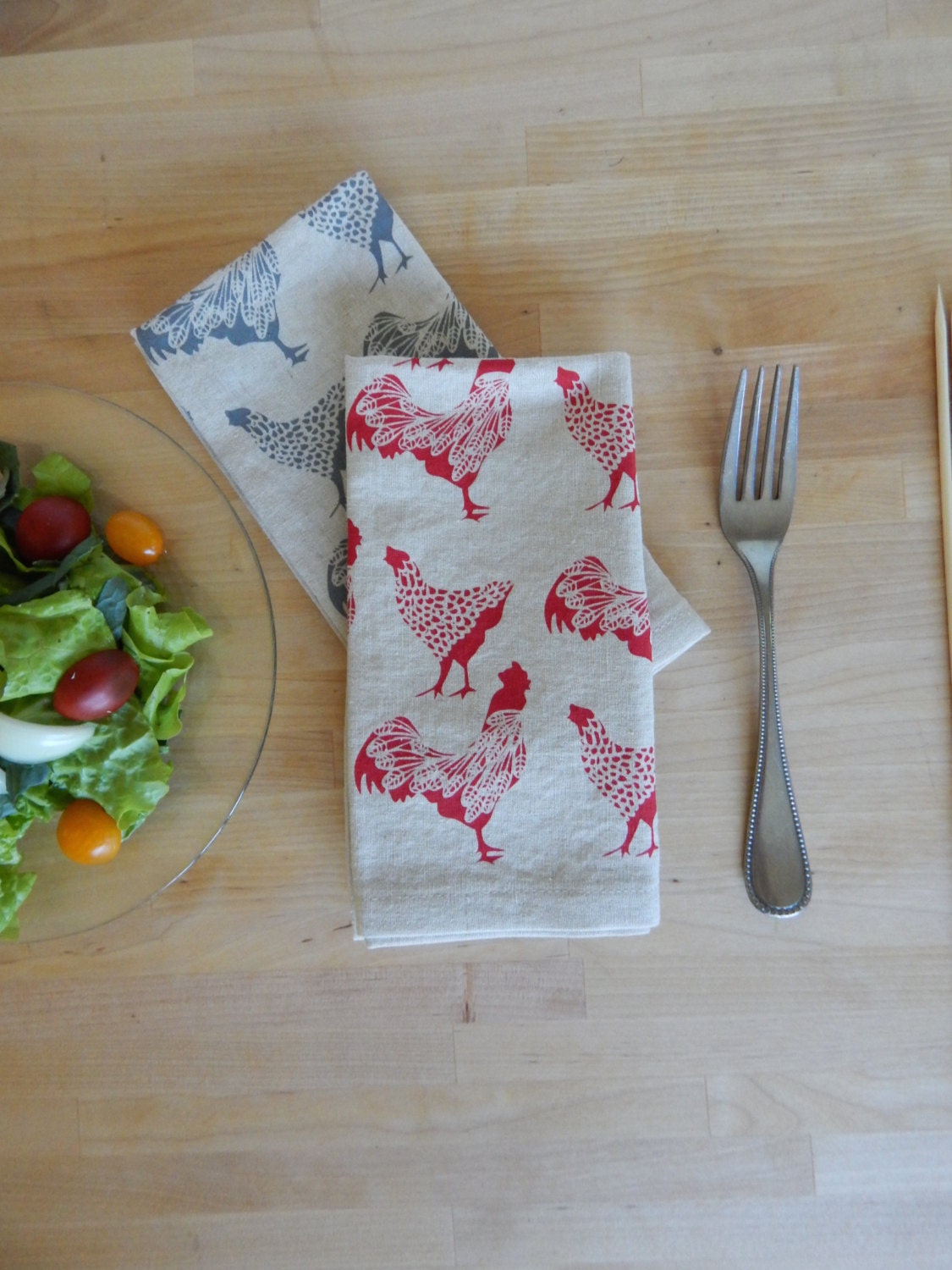Cloth Napkins Hand Printed Chickens in Gray or Red Set of 6 Etsy