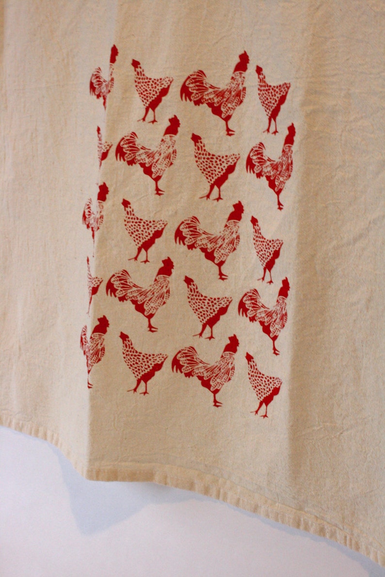 Chicken Kitchen Towel, Handprinted Kitchen Towel, Hen and Rooster, Cotton Tea Towel, Farmhouse Decor, Farmhouse Kitchen image 4