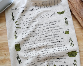 Biscuit Recipe Kitchen Towel, Hand Printed, Natural Cotton