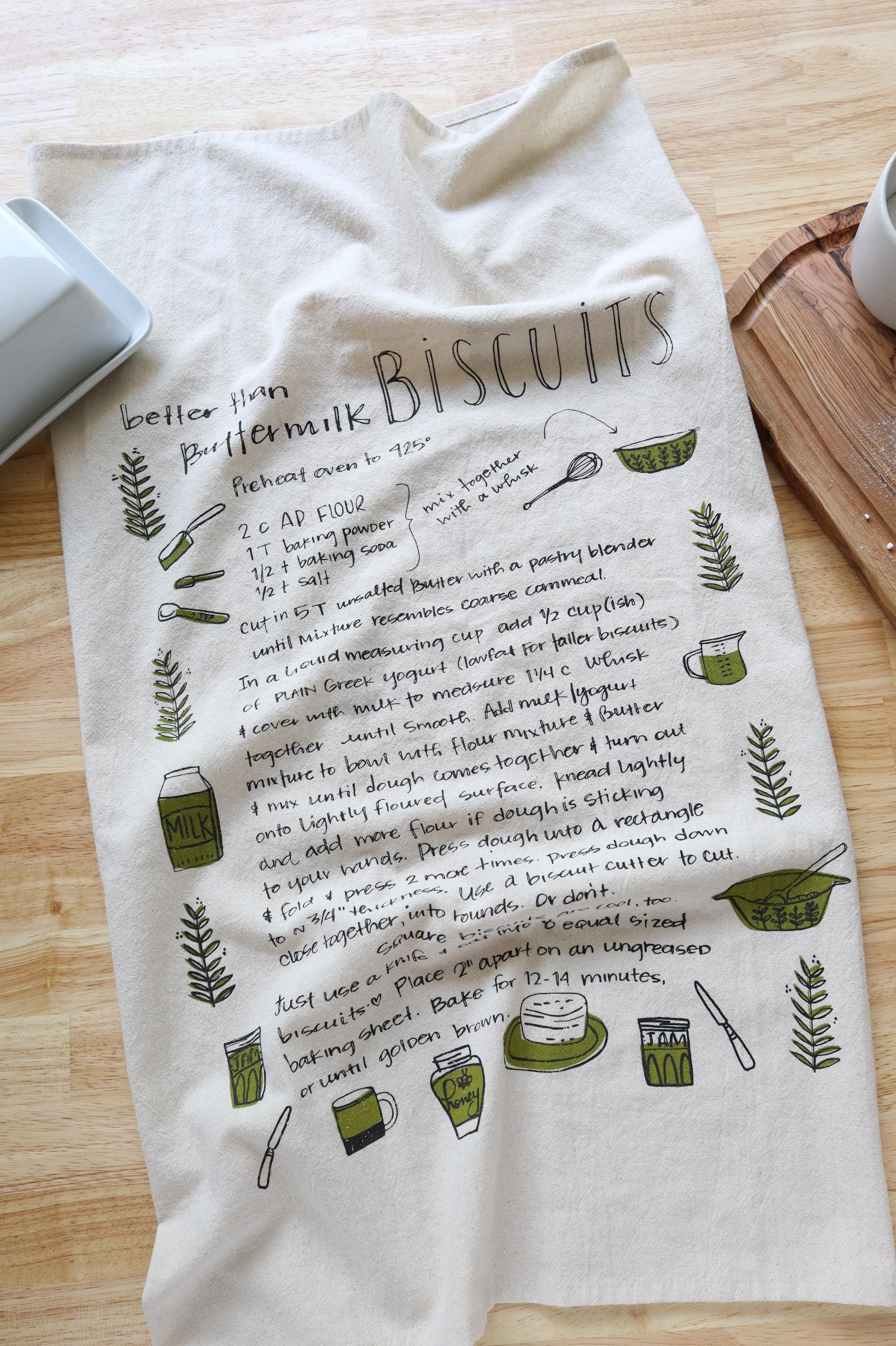Toalla de cocina con receta de galletas, estampada a mano, de algodón natural