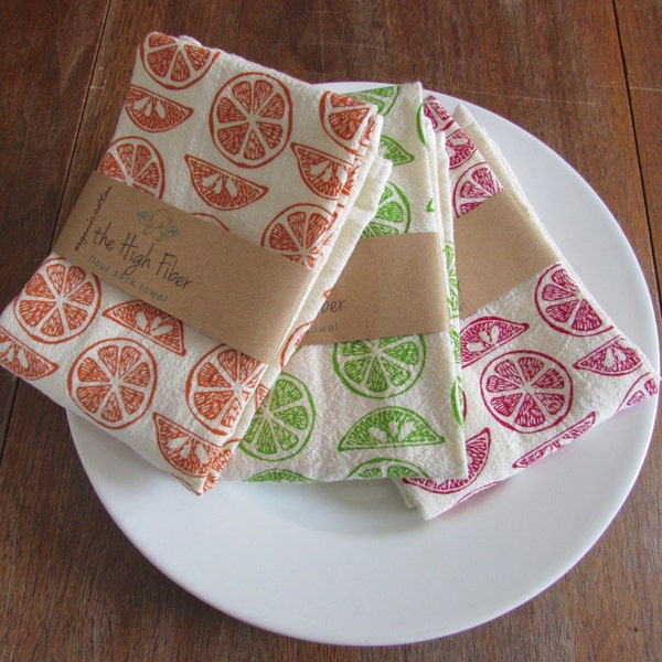 Citrus Flour Sack Towels, Hand Printed, Cotton, Set of 3