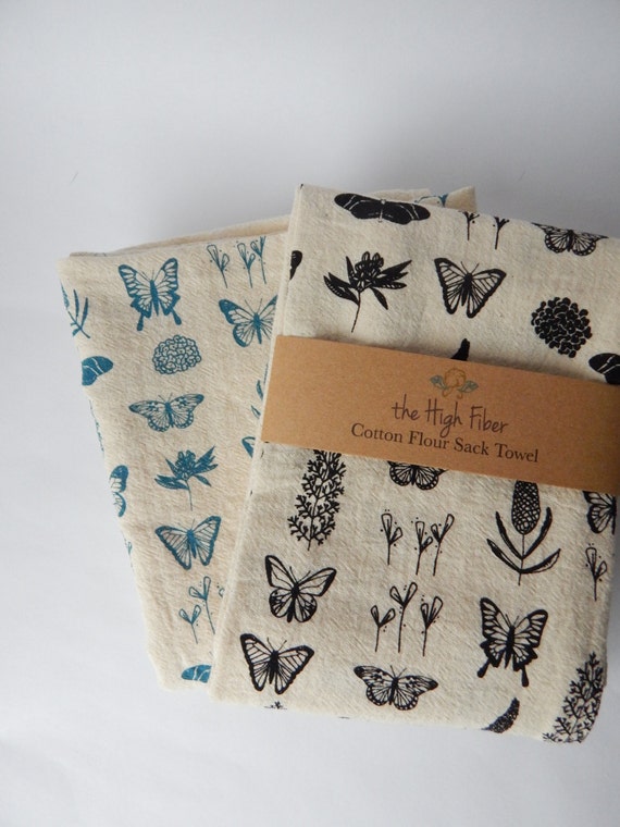 Butterfly Kitchen Towel, Hand Printed Dish Towel, Butterfly Floral