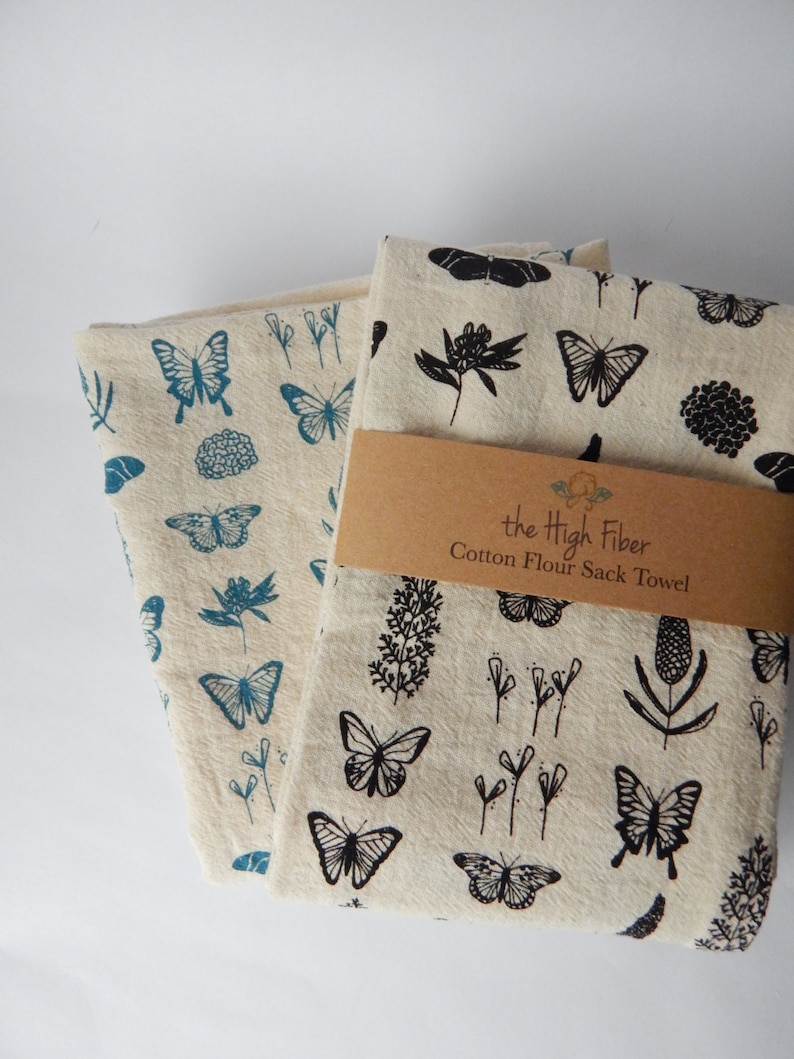 Butterfly Floral Kitchen Towel, Hand Printed, Natural Cotton, Choose Your Color image 2