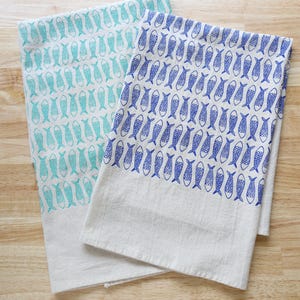Fish Kitchen Towel, Hand Printed, Choose Your Color Turquoise or Royal Blue