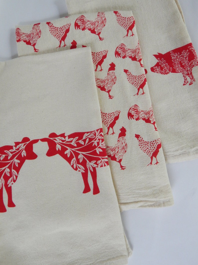 Kitchen Towels Hand Printed Towels Red Farmhouse Towels | Etsy