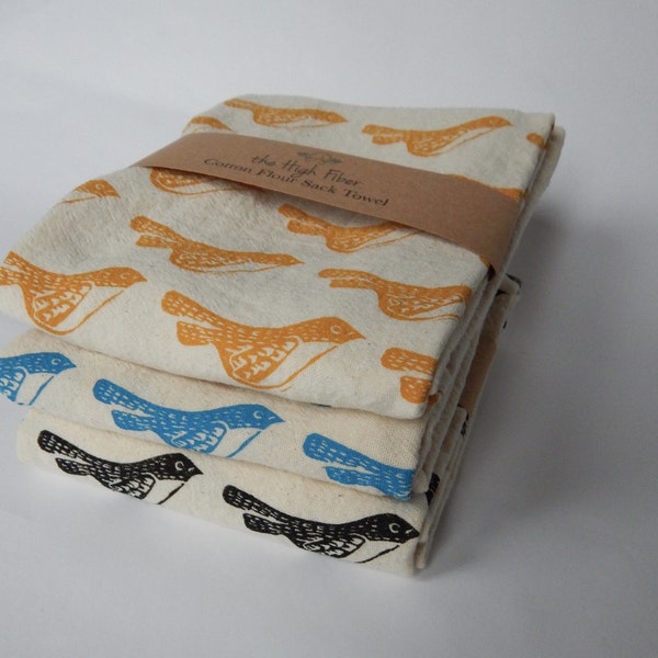 Hand Printed Bird Kitchen Towel, Cotton, Choose Your Color