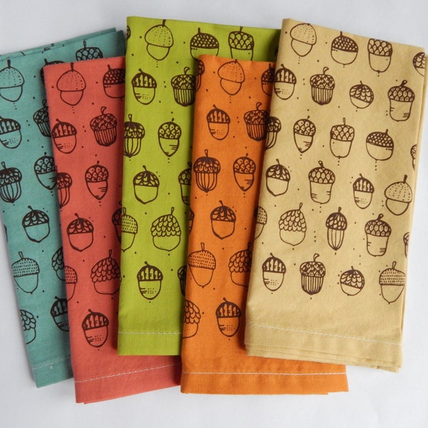 Cloth Napkins, Hand Printed Acorn Illustration, Mutli Color Organic Cotton, Set of 5