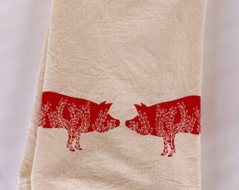 Flour Sack Towel, Hand Printed, Red Pigs, Cotton