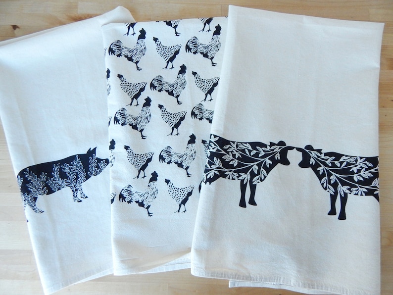 Black Farm Prints Hand Printed 3 Natural Cotton Towels Tea Towel